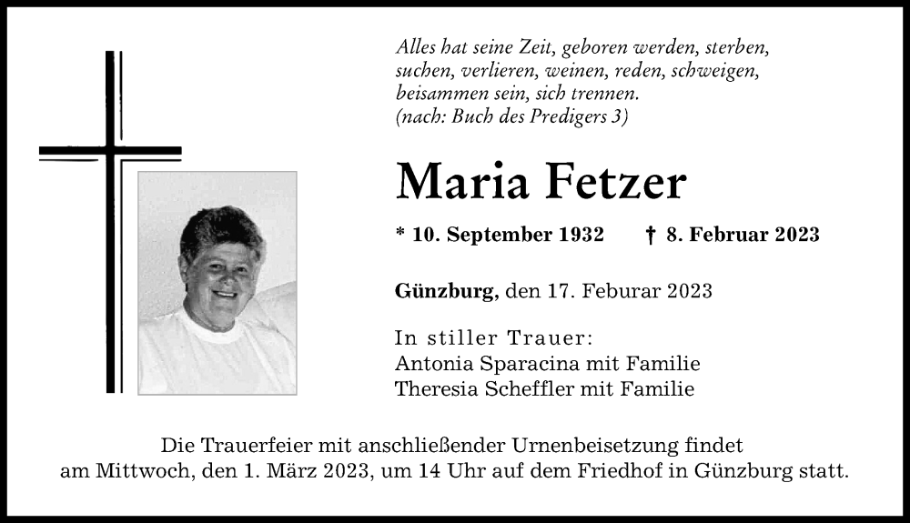 Traueranzeige von Maria Fetzer von Günzburger Zeitung