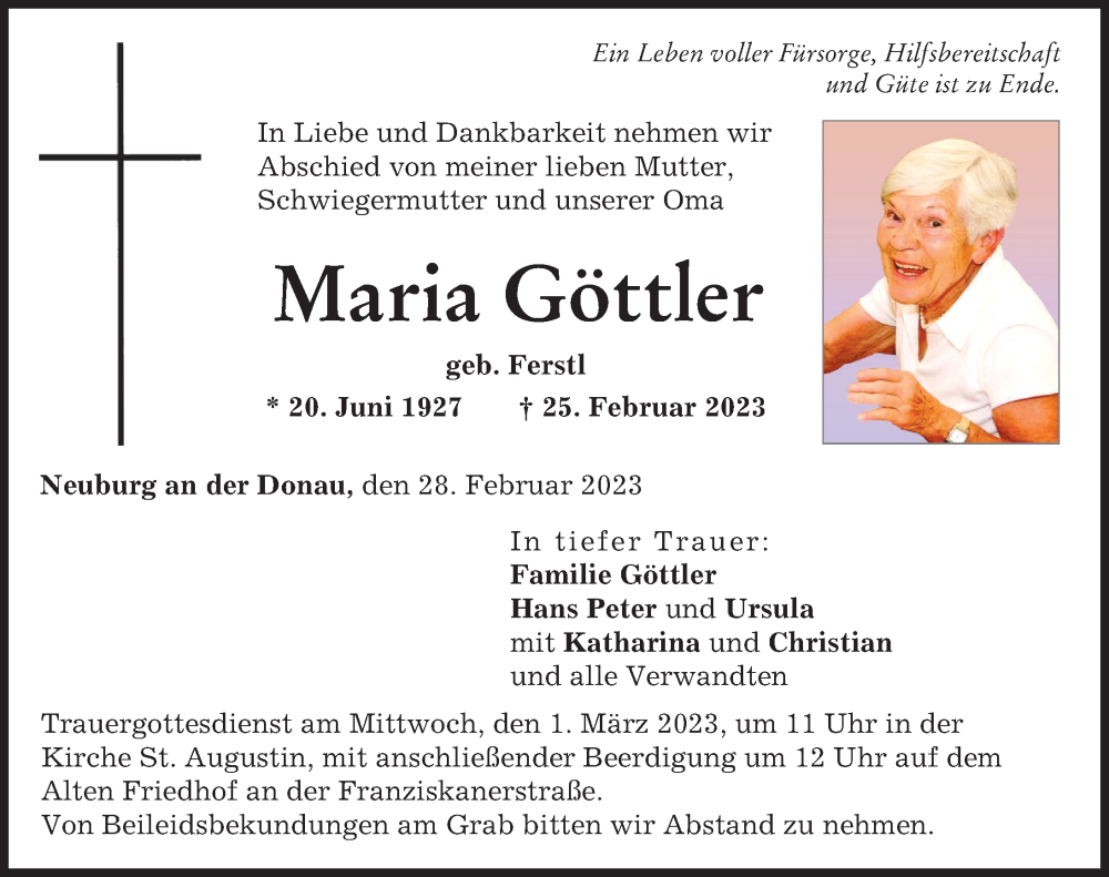 Traueranzeige von Maria Göttler von Neuburger Rundschau