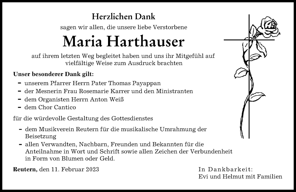  Traueranzeige für Maria Harthauser vom 11.02.2023 aus Augsburger Allgemeine