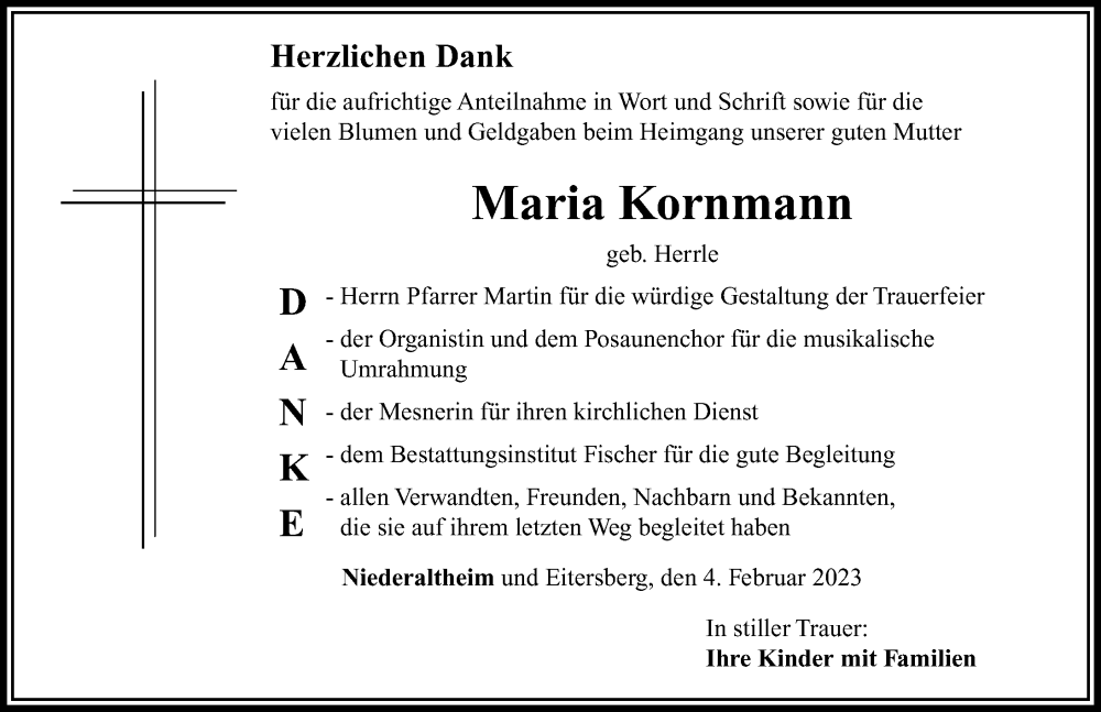 Traueranzeige für Maria Kornmann vom 04.02.2023 aus Rieser Nachrichten