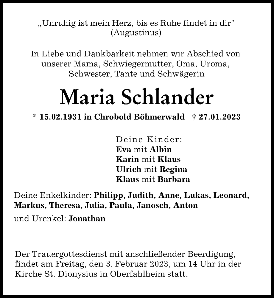  Traueranzeige für Maria Schlander vom 01.02.2023 aus Neu-Ulmer Zeitung