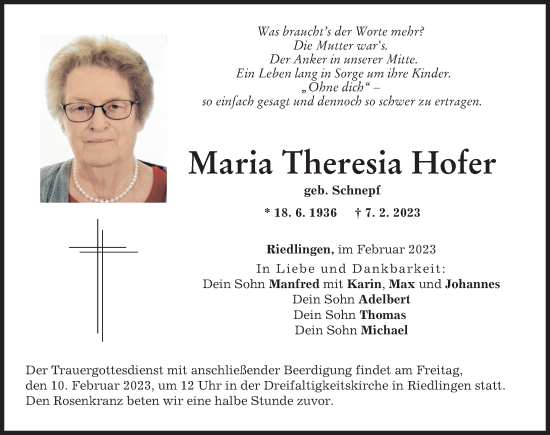 Traueranzeigen Von Maria Theresia Hofer Augsburger Allgemeine Zeitung