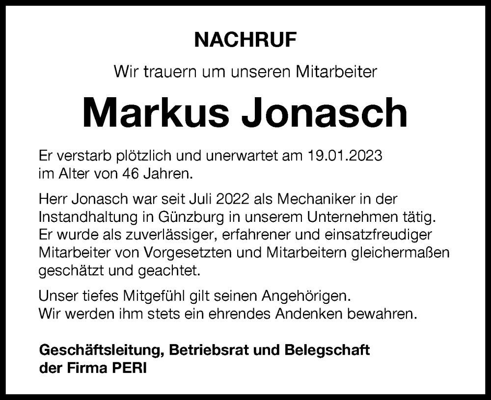  Traueranzeige für Markus Jonasch vom 02.02.2023 aus Günzburger Zeitung