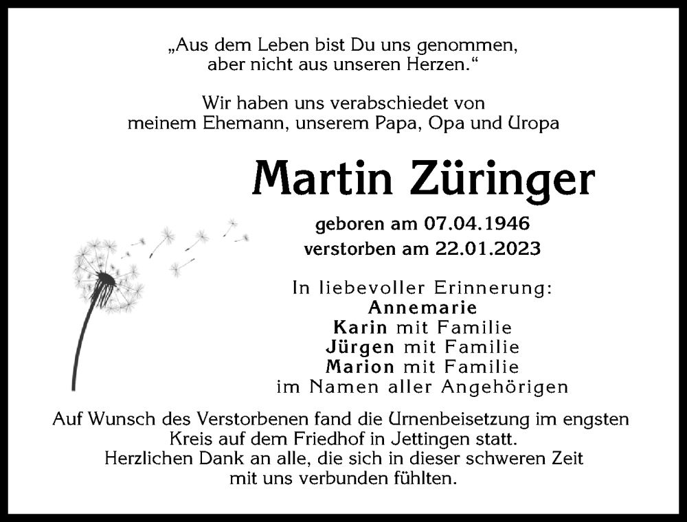 Traueranzeige von Martin Züringer von Günzburger Zeitung