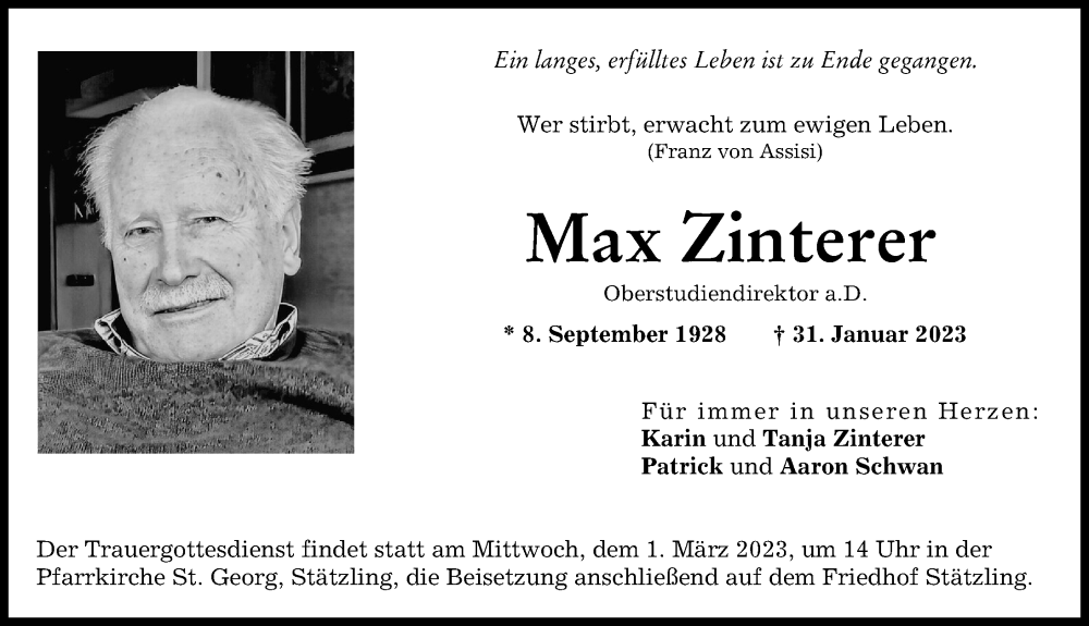 Traueranzeige für Max Zinterer vom 18.02.2023 aus Augsburger Allgemeine