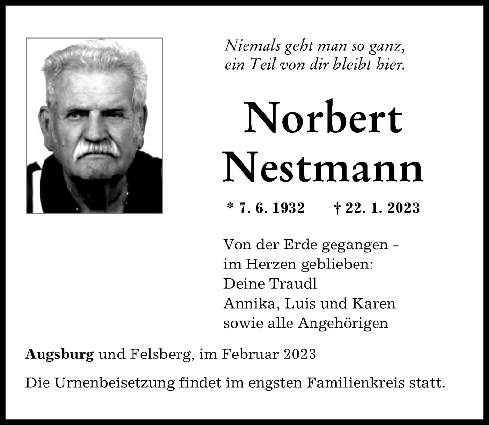  Traueranzeige für Norbert Nestmann vom 03.02.2023 aus Augsburger Allgemeine
