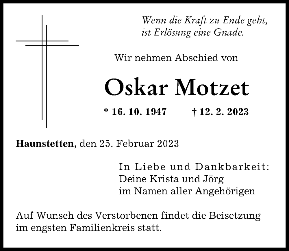 Traueranzeige von Oskar Motzet von Augsburger Allgemeine