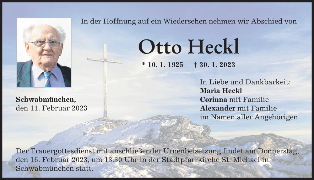 Traueranzeige von Otto Heckl von Schwabmünchner Allgemeine