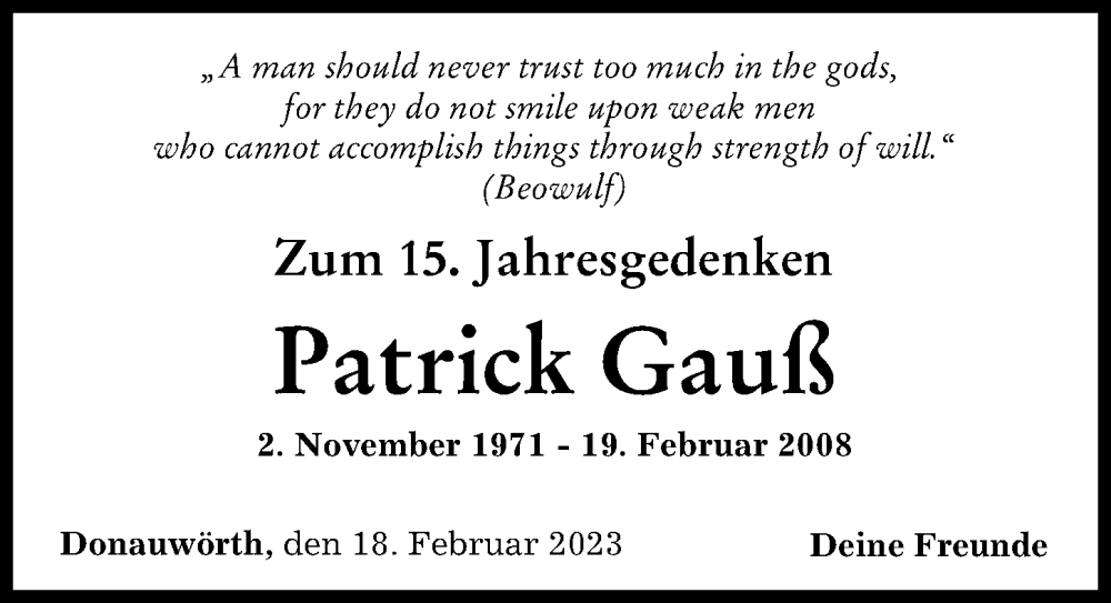  Traueranzeige für Patrick Gauß vom 18.02.2023 aus Donauwörther Zeitung