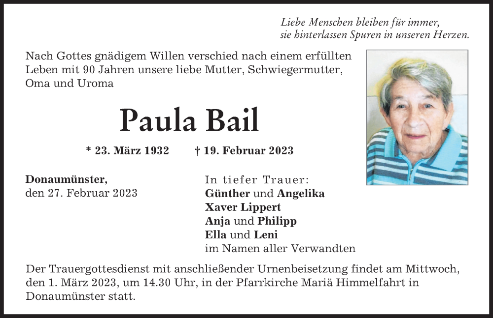 Traueranzeige von Paula Bail von Donauwörther Zeitung