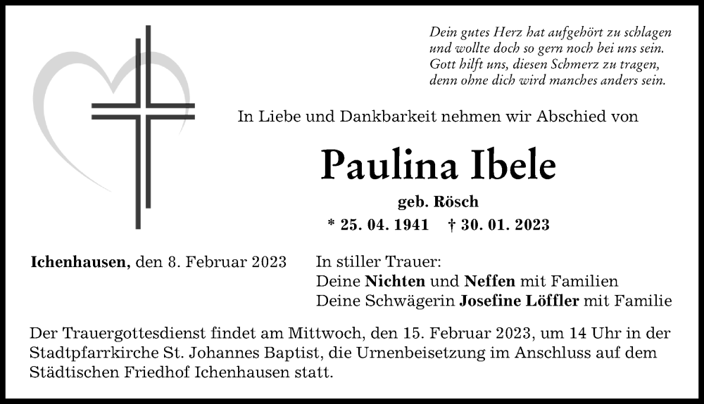 Traueranzeige von Paulina Ibele von Günzburger Zeitung