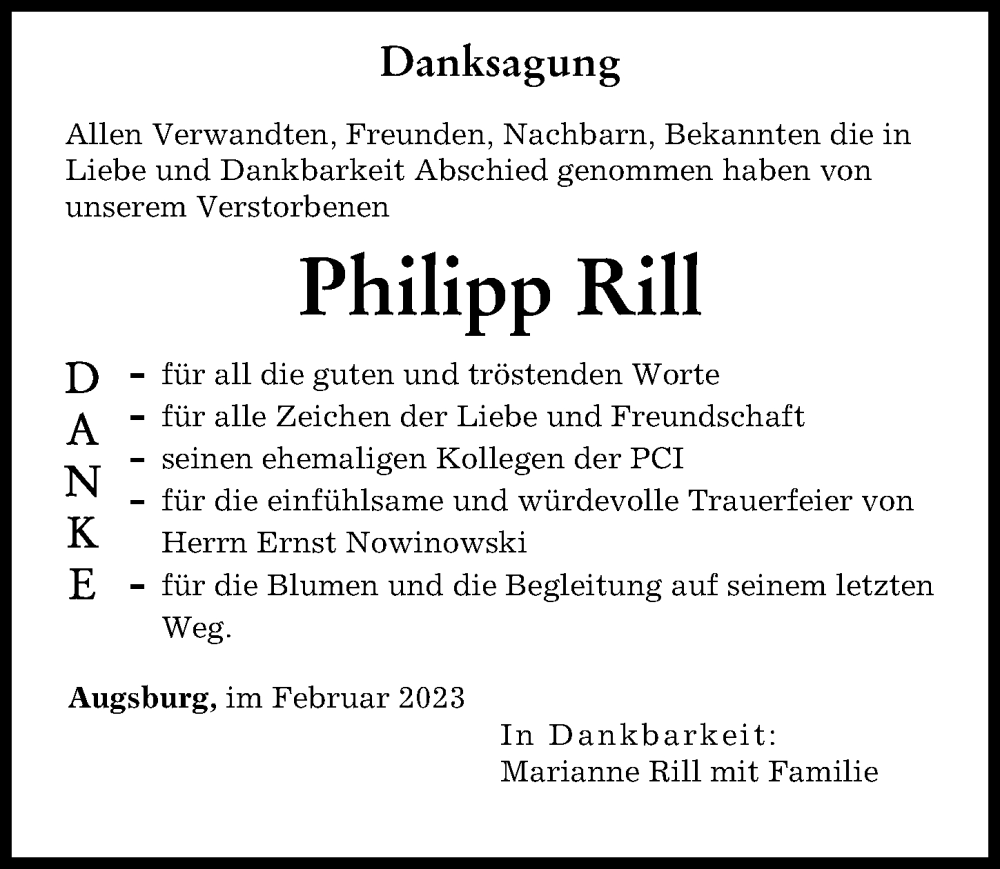  Traueranzeige für Philipp Rill vom 11.02.2023 aus Augsburger Allgemeine