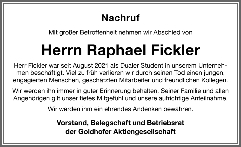  Traueranzeige für Raphael Fickler vom 08.02.2023 aus Mindelheimer Zeitung