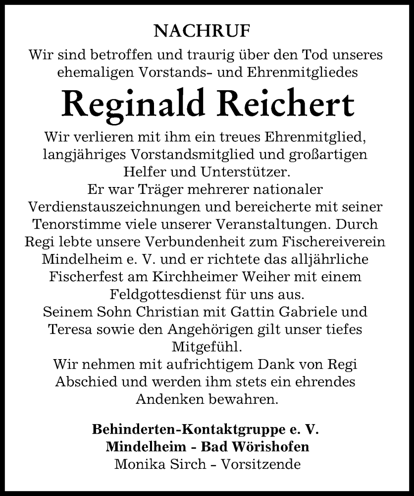  Traueranzeige für Reginald Reichert vom 31.01.2023 aus Mindelheimer Zeitung