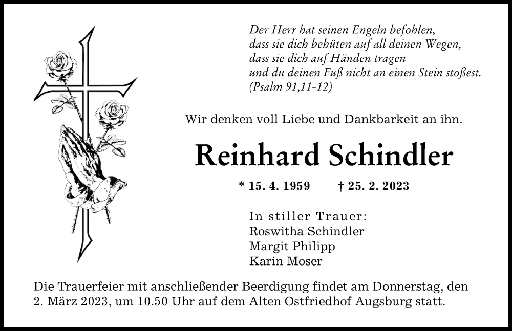  Traueranzeige für Reinhard Schindler vom 01.03.2023 aus Augsburger Allgemeine