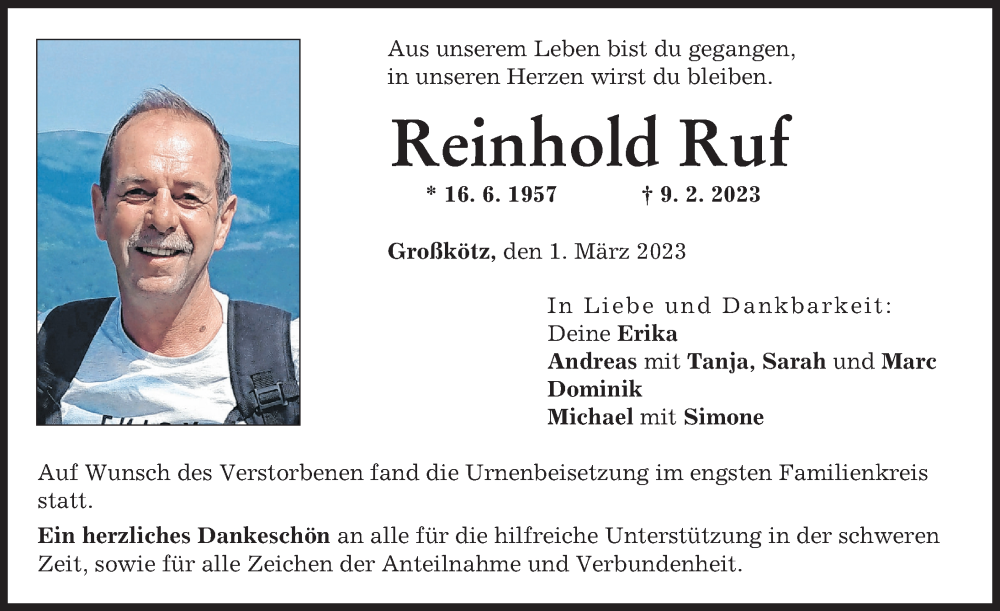 Traueranzeige von Reinhold Ruf von Günzburger Zeitung