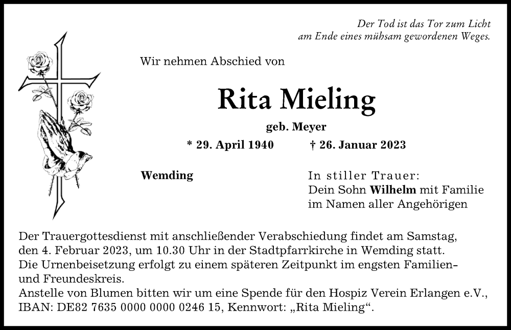  Traueranzeige für Rita Mieling vom 01.02.2023 aus Donauwörther Zeitung