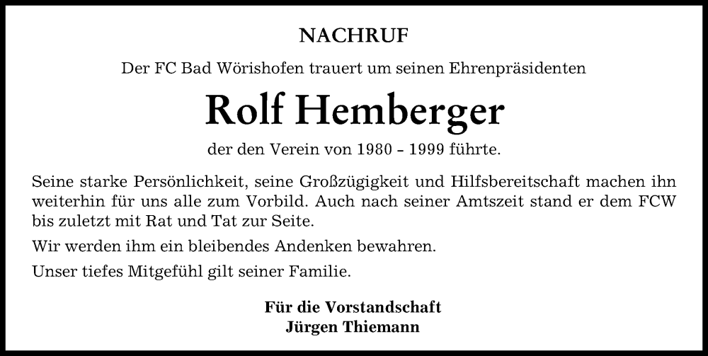  Traueranzeige für Rolf Hemberger vom 07.02.2023 aus Mindelheimer Zeitung