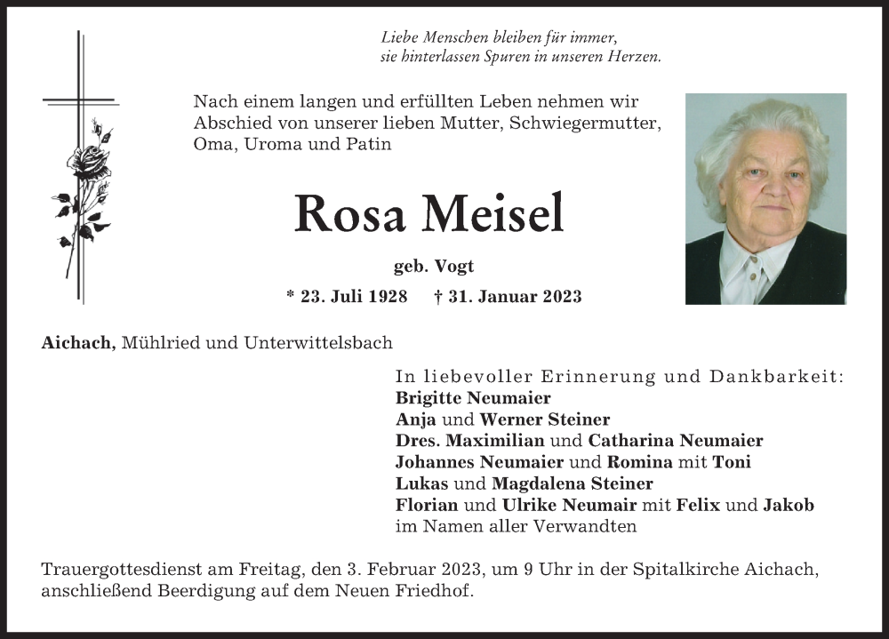  Traueranzeige für Rosa Meisel vom 02.02.2023 aus Aichacher Nachrichten