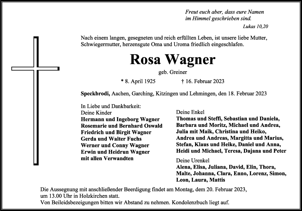 Traueranzeige von Rosa Wagner von Rieser Nachrichten