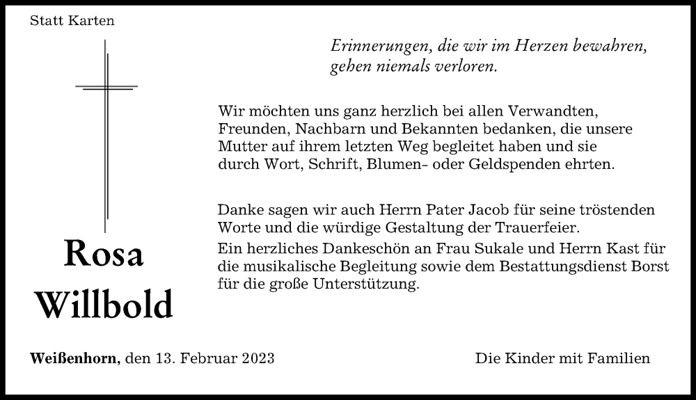  Traueranzeige für Rosa Willbold vom 13.02.2023 aus Neu-Ulmer Zeitung