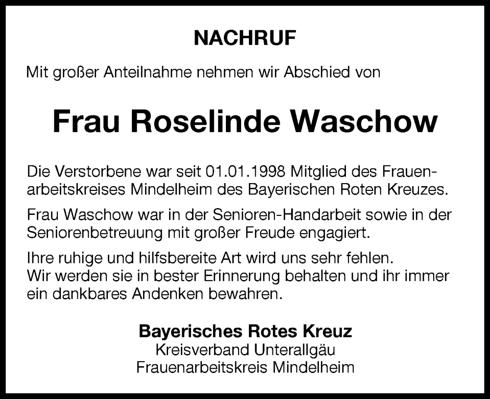 Traueranzeige von Roselinde Waschow von Mindelheimer Zeitung