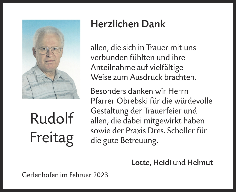  Traueranzeige für Rudolf Freitag vom 20.02.2023 aus Augsburger Allgemeine, Neu-Ulmer Zeitung