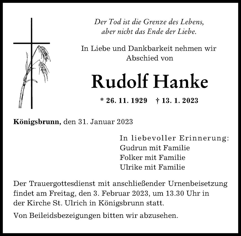  Traueranzeige für Rudolf Hanke vom 31.01.2023 aus Augsburger Allgemeine