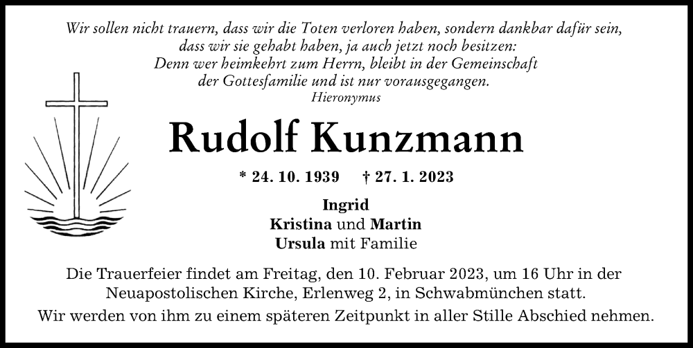 Traueranzeige von Rudolf Kunzmann von Schwabmünchner Allgemeine