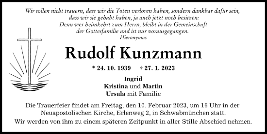 Traueranzeigen von Rudolf Kunzmann | Augsburger Allgemeine Zeitung