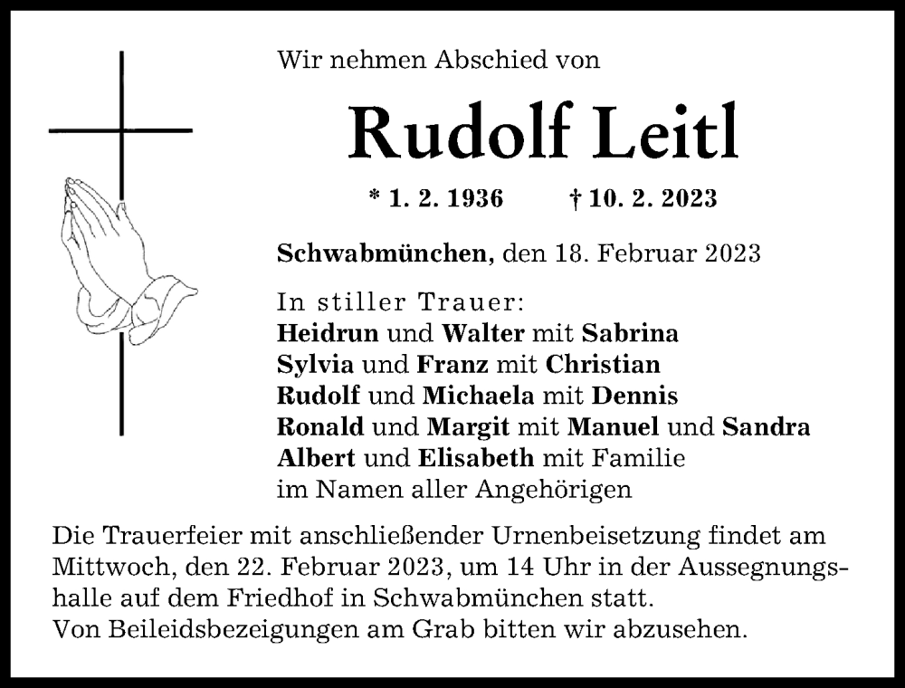 Traueranzeige von Rudolf Leitl von Schwabmünchner Allgemeine