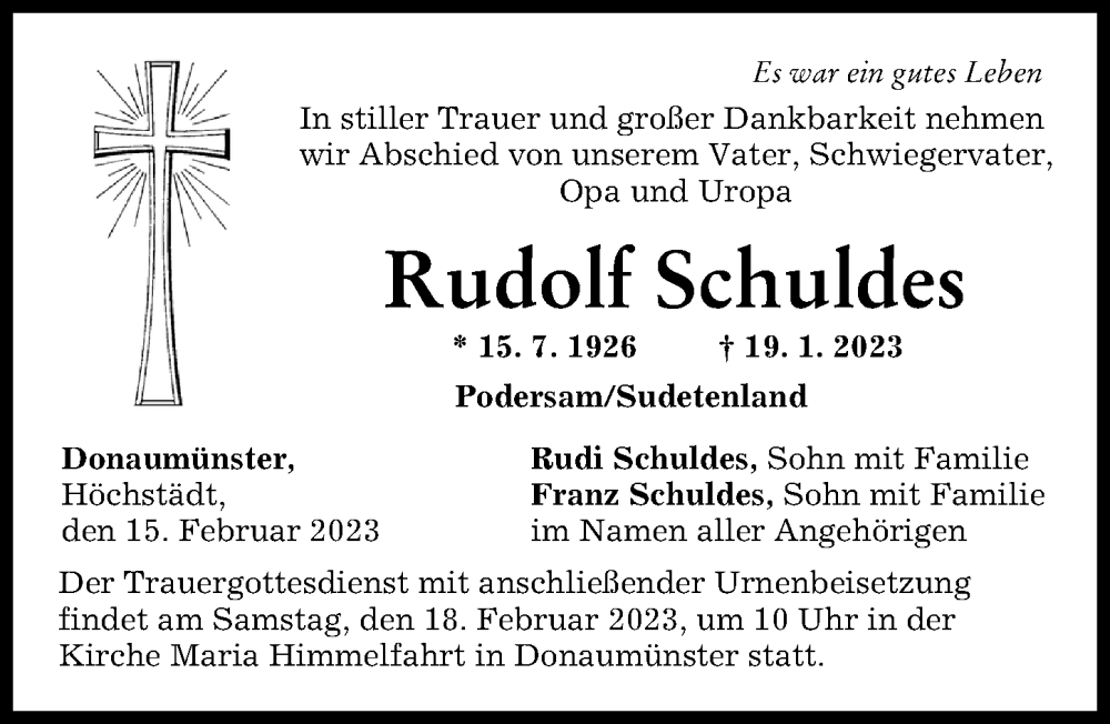 Traueranzeige von Rudolf Schuldes von Donau Zeitung