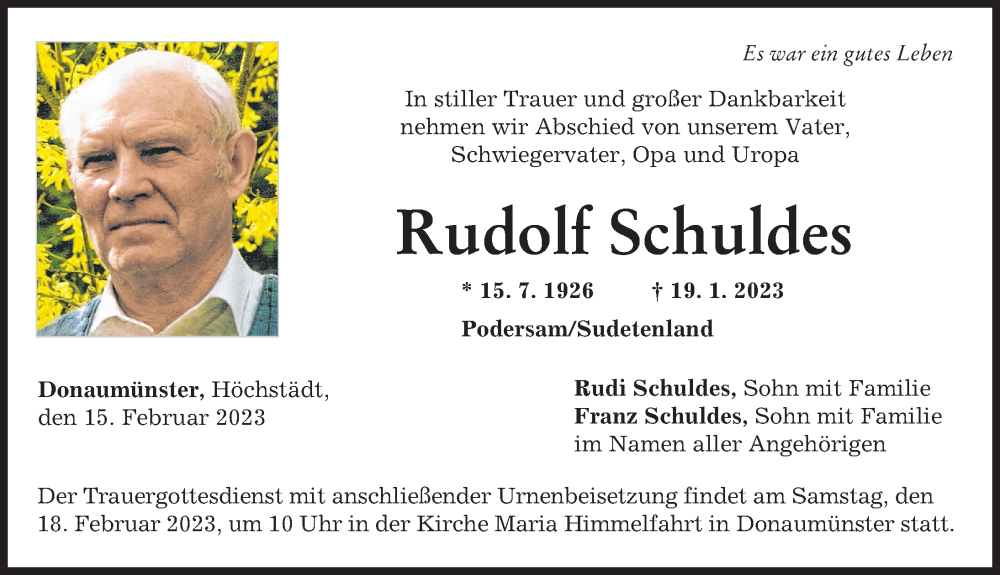 Traueranzeige von Rudolf Schuldes von Donauwörther Zeitung