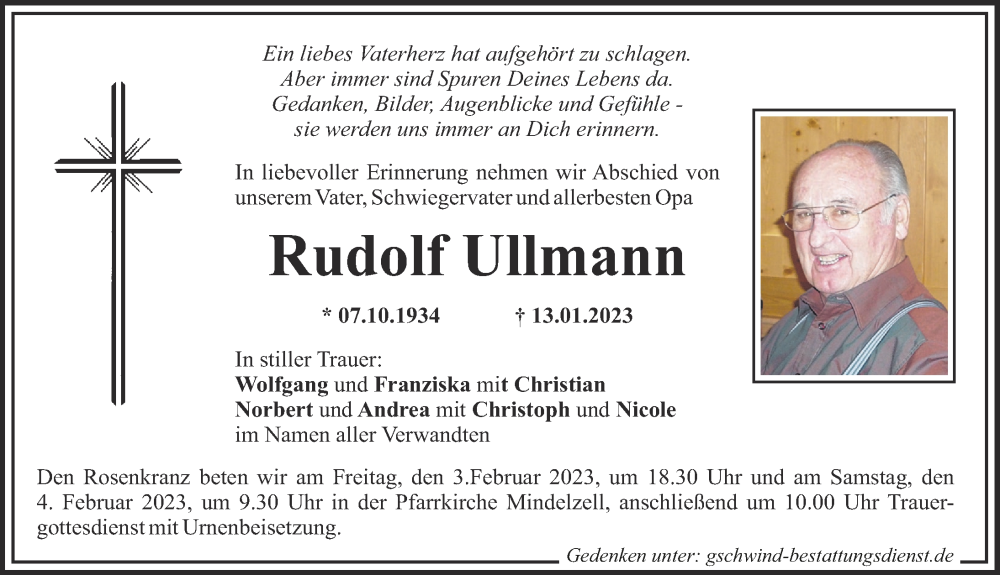  Traueranzeige für Rudolf Ullmann vom 01.02.2023 aus Mindelheimer Zeitung