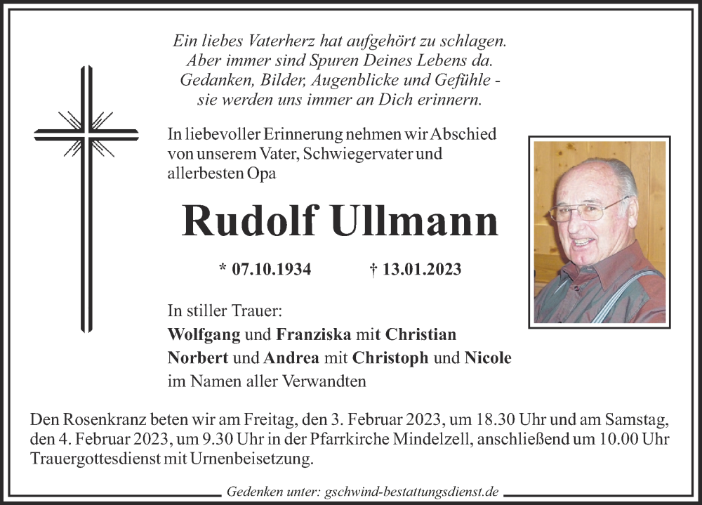  Traueranzeige für Rudolf Ullmann vom 01.02.2023 aus Mittelschwäbische Nachrichten