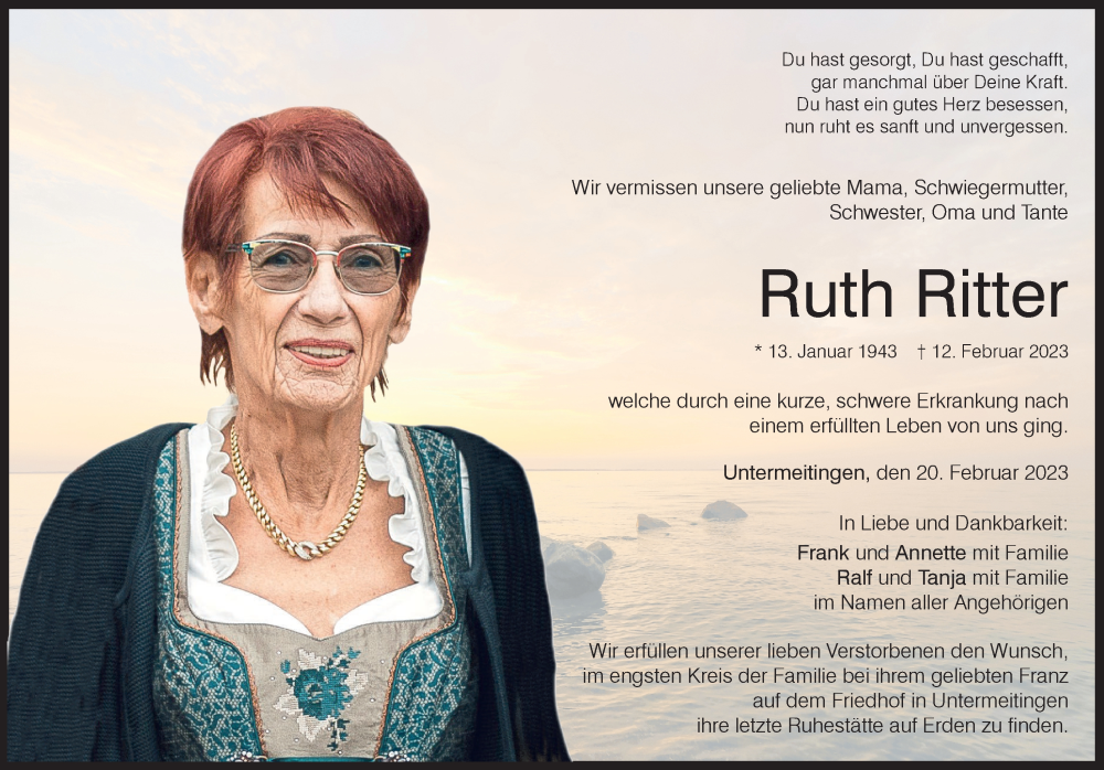 Traueranzeige von Ruth Ritter von Schwabmünchner Allgemeine