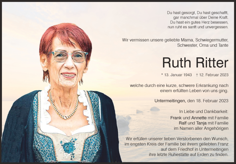 Traueranzeige von Ruth Ritter von Augsburger Allgemeine