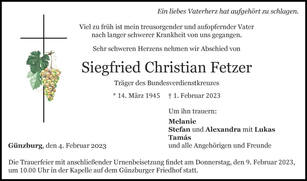  Traueranzeige für Siegfried Christian Fetzer vom 04.02.2023 aus Günzburger Zeitung