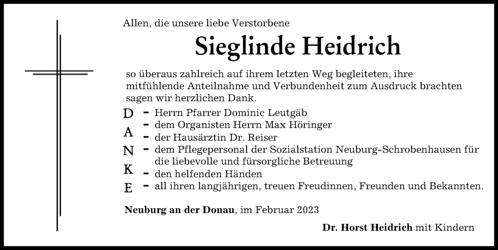  Traueranzeige für Sieglinde Heidrich vom 04.02.2023 aus Neuburger Rundschau