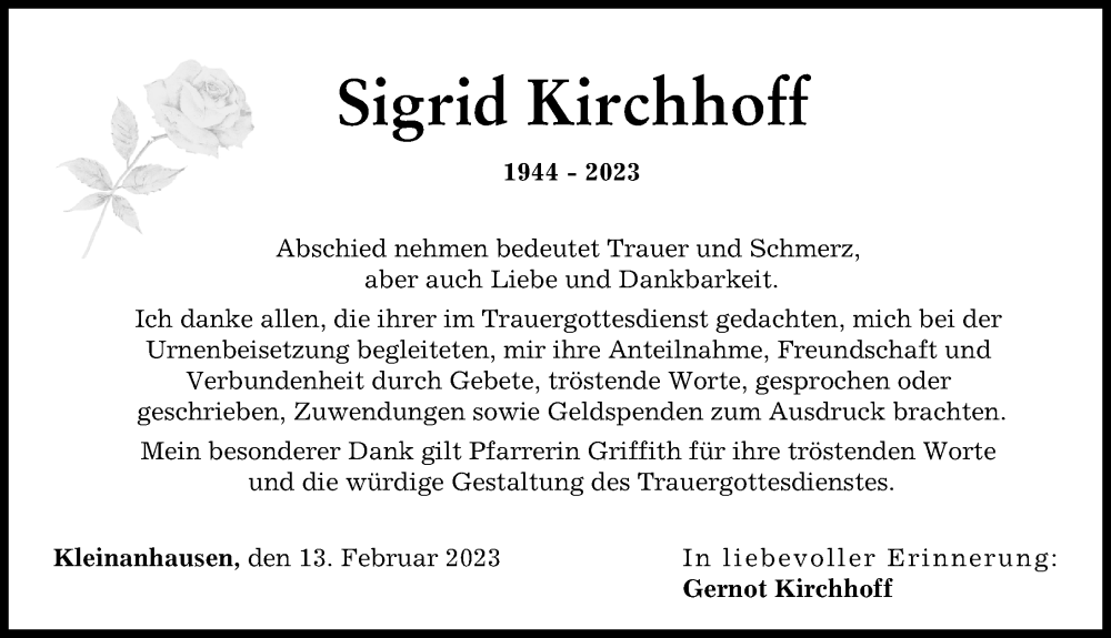  Traueranzeige für Sigrid Kirchhoff vom 13.02.2023 aus Günzburger Zeitung