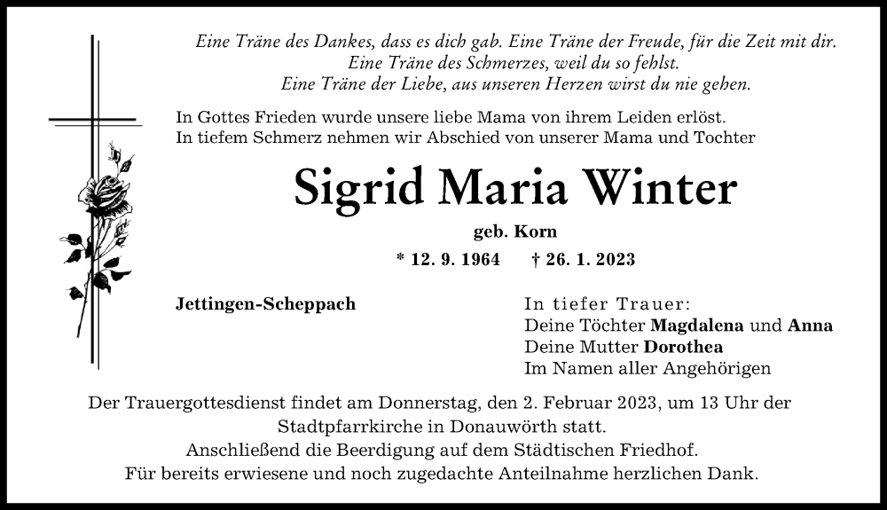  Traueranzeige für Sigrid Maria Winter vom 01.02.2023 aus Donau Zeitung