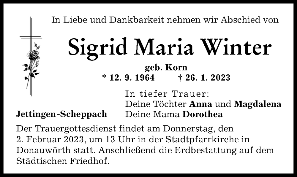  Traueranzeige für Sigrid Maria Winter vom 01.02.2023 aus Donauwörther Zeitung