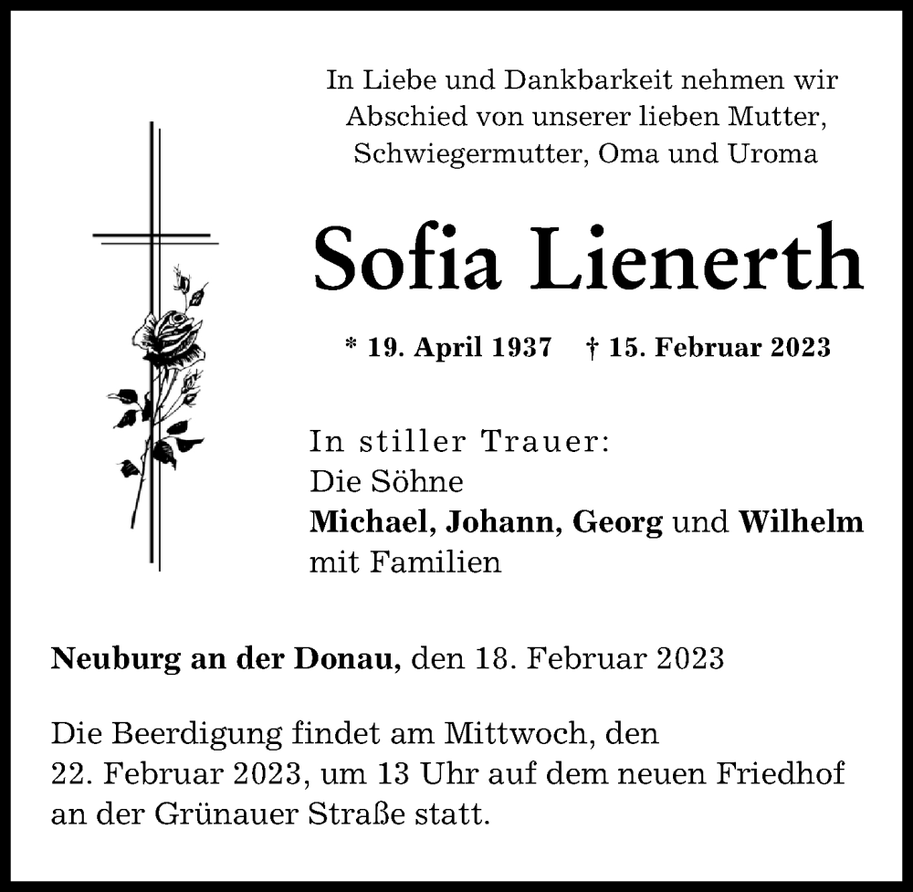 Traueranzeige von Sofia Lienerth von Neuburger Rundschau