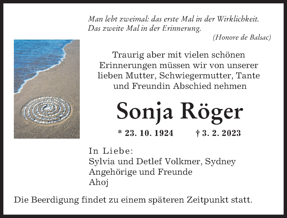  Traueranzeige für Sonja Röger vom 11.02.2023 aus Augsburger Allgemeine
