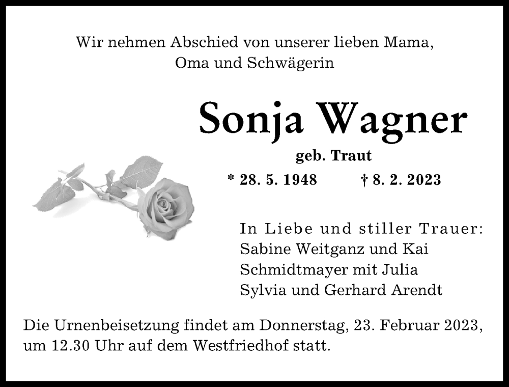 Traueranzeige von Sonja Wagner von Augsburger Allgemeine