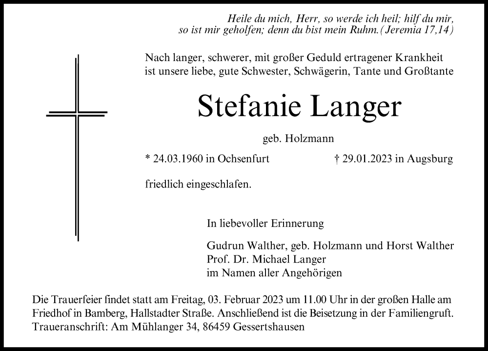  Traueranzeige für Stefanie Langer vom 01.02.2023 aus Augsburger Allgemeine