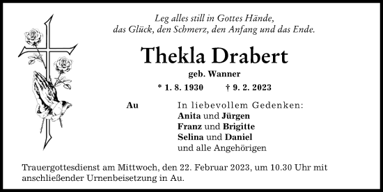 Traueranzeigen Von Thekla Drabert Augsburger Allgemeine Zeitung