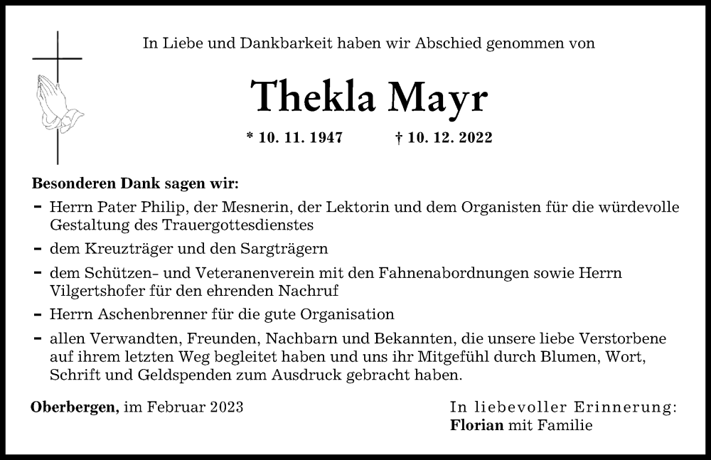 Traueranzeige von Thekla Mayr von Landsberger Tagblatt