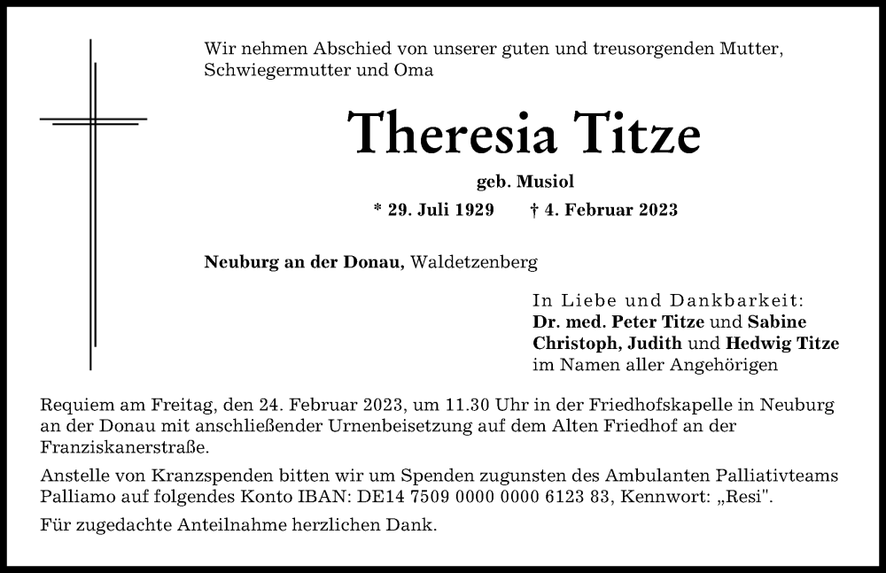 Traueranzeige von Theresia Titze von Neuburger Rundschau