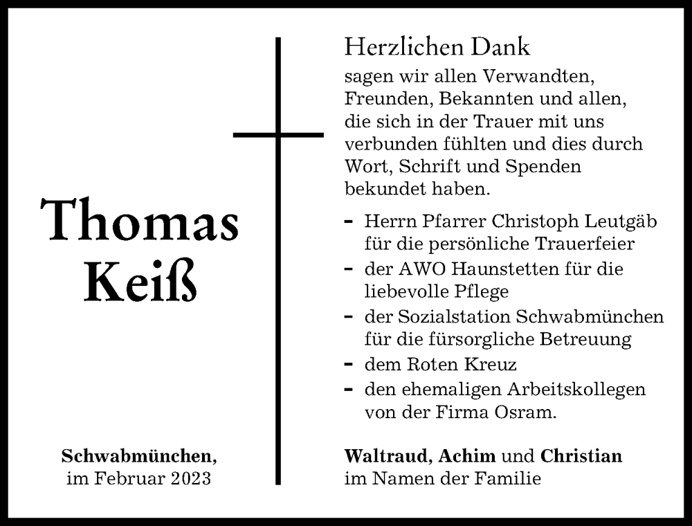  Traueranzeige für Thomas Keiß vom 11.02.2023 aus Schwabmünchner Allgemeine